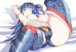 Rule 34 | 1girl, armpits, arms up, blue hair, breasts, female focus, highres, long hair, lying, monster hunter (series), nargacuga (armor), nipples, niwaka potato, on back, on bed, partially visible vulva, solo, topless
