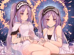 Rule 34 | 1boy, 2girls, armlet, bare shoulders, blush, bracelet, breasts, collarbone, dress, euryale (fate), euryale (third ascension) (fate), fate/hollow ataraxia, fate (series), ffm threesome, frilled hairband, frills, girl on top, grinding, group sex, hairband, halo, handjob, hetero, jewelry, long hair, lypele, multiple girls, parted bangs, penis, purple eyes, purple hair, ring, siblings, sidelocks, sisters, sitting, sitting on person, small breasts, smile, stheno (fate), stheno (third ascension) (fate), straddling, thigh sex, threesome, twintails, very long hair, white dress