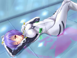 Rule 34 | 1girl, ;), armpits, arms up, ayanami rei, blue hair, blush, bodysuit, bracer, dutch angle, from above, gloves, hair between eyes, hand on own chest, indoors, knees up, koni, light smile, logo, looking at viewer, lying, neon genesis evangelion, nerv, on back, on floor, one eye closed, pilot suit, plugsuit, purple hair, red eyes, reflection, short hair, smile, solo, tile floor, tiles, turtleneck, wink