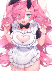 Rule 34 | 1girl, :o, animal ears, apron, aqua eyes, breasts, cleavage, cleavage cutout, clothing cutout, curly hair, dress, fake animal ears, fishnets, hair over one eye, hands up, large breasts, long hair, looking at viewer, maid, original, pantyhose, pink hair, puffy sleeves, rabbit ears, saku nosuke, solo, suzette (sa9no), thighs, twintails, white pantyhose