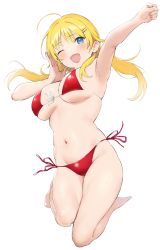 Rule 34 | 1girl, ahoge, armpits, arms up, bare shoulders, barefoot, bikini, blonde hair, blue eyes, blush, breasts, cleavage, hachimiya meguru, hair ornament, hairclip, highres, idolmaster, idolmaster shiny colors, large breasts, long hair, looking at viewer, low twintails, navel, nekoshoko, open mouth, red bikini, simple background, smile, solo, swimsuit, thighs, twintails, white background