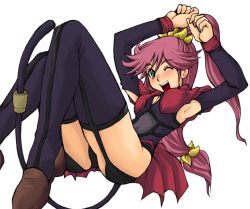 Rule 34 | 1girl, ;d, armpits, arms up, ass, detached sleeves, garter straps, green eyes, gunxsword, looking at viewer, one eye closed, open mouth, pink hair, ponytail, priscilla (gunxsword), scrunchie, simple background, smile, solo, tail, teeth, thighhighs, thighs, white background