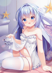 Rule 34 | 1girl, absurdres, babydoll, blue eyes, blue hair, blush, bow, bow panties, breasts, collarbone, cushion, dot nose, fengshen chino, flower, frills, gochuumon wa usagi desu ka?, hair flower, hair ornament, highres, indoors, kafuu chino, lifting own clothes, light particles, long hair, looking at viewer, midriff, navel, on bed, panties, side-tie panties, sitting, small breasts, smile, solo, spaghetti strap, star (symbol), strap slip, thighhighs, thighs, underwear, underwear only, white babydoll, white panties, white thighhighs, x hair ornament