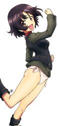 Rule 34 | 1girl, :d, alina (girls und panzer), arm up, brown eyes, brown hair, clenched hand, commentary request, corrupted twitter file, cowboy shot, erakin, from side, girls und panzer, green jacket, hand up, highres, jacket, loincloth, long sleeves, looking at viewer, no pants, open mouth, pravda school uniform, school uniform, short hair, signature, smile, solo, standing, standing on one leg, thighs, white background, white loincloth