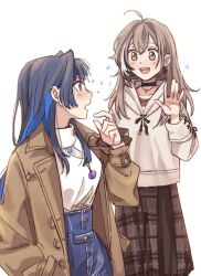 Rule 34 | 2girls, ahoge, berry, black choker, blue eyes, blue hair, blunt bangs, blush, brmameng, brown coat, brown eyes, brown hair, brown hoodie, brown skirt, candy, choker, coat, denim, earrings, flying sweatdrops, food, hair down, hair intakes, high-waist pants, highres, hime cut, hololive, hololive english, hood, hoodie, jeans, jewelry, lollipop, long hair, long skirt, looking at another, multicolored hair, multiple girls, nanashi mumei, nanashi mumei (casual), necklace, official alternate costume, ouro kronii, ouro kronii (casual), oversized clothes, pants, plaid, plaid skirt, red shirt, runes, shirt, shirt tucked in, sidelocks, skirt, sparkle, streaked hair, teeth, turtleneck, upper teeth only, virtual youtuber, waving, white shirt, yuri