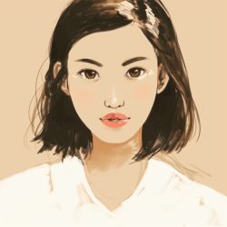 Rule 34 | 1girl, beige background, blush, brown eyes, brown hair, commentary, expressionless, facial mark, forehead mark, highres, light blush, looking at viewer, nose, original, parted bangs, pink lips, portrait, shirt, short hair, simple background, solo, sooyun choi, white shirt
