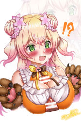 Rule 34 | !?, 1girl, @ @, artist name, bar censor, bare shoulders, bear paws, between breasts, blonde hair, blush, breasts, censored, cum, double bun, facial, fang, flower, frills, green eyes, hair between eyes, hair bun, hair flower, hair ornament, highres, hololive, large breasts, momosuzu nene, open mouth, paizuri, paizuri under clothes, penis, two side up, virtual youtuber, zero130