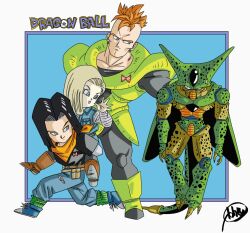 Rule 34 | 1girl, 3boys, android 16, android 17, android 18, black hair, blonde hair, blue eyes, brother and sister, carrying, cell (dragon ball), copyright name, dragon ball, dragonball z, earrings, frown, highres, imperfect cell, jewelry, kakeru (dbskakeru), mohawk, multiple boys, neckerchief, orange hair, orange neckerchief, piggyback, siblings, signature, smile, sweatdrop, tail, tongue, tongue out