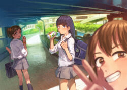 Rule 34 | 3girls, backpack, bag, black socks, blue bag, blue eyes, blunt bangs, blurry, blurry foreground, blush, brown eyes, brown hair, cup, drinking straw, drinking straw in mouth, grey skirt, grin, highres, holding, holding cup, charm (object), looking back, miniskirt, multiple girls, open mouth, original, outdoors, school uniform, scrunchie, selfie, shirt, short ponytail, sidewalk, skirt, sleeves rolled up, smile, socks, uniform, v, walking, white shirt, wrist scrunchie, yamamoto suzume