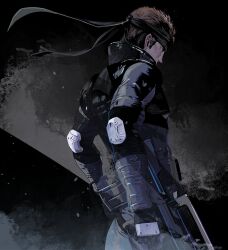 Rule 34 | 1boy, assault rifle, black headband, black jacket, brown hair, bullpup, cofffee, cowboy shot, elbow pads, facing to the side, famas, gun, headband, holding, holding gun, holding weapon, jacket, long sleeves, looking to the side, machine gun, male focus, mature male, metal gear (series), metal gear solid, rifle, short hair, sideburns, solid snake, solo, toned, toned male, weapon