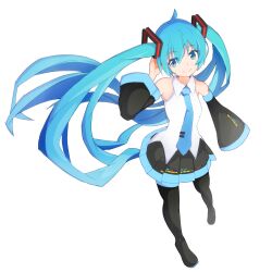 Rule 34 | 1girl, bare shoulders, black footwear, black skirt, black sleeves, blue eyes, blue hair, blue necktie, boots, closed mouth, collared shirt, commentary request, detached sleeves, full body, hair between eyes, hatsune miku, highres, long hair, long sleeves, looking at viewer, mamagogo (gomaep), necktie, pleated skirt, shirt, simple background, skirt, sleeveless, sleeveless shirt, smile, solo, standing, thigh boots, tie clip, twintails, very long hair, vocaloid, white background, white shirt, wide sleeves