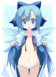 Rule 34 | 1girl, :o, blue eyes, blue hair, blush, bow, cirno, dress, hair bow, ice, ice wings, looking at viewer, matching hair/eyes, maturiuta sorato, navel, neck ribbon, open clothes, open mouth, panties, short hair, side-tie panties, solo, touhou, underwear, undone neck ribbon, white panties, wings