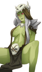 Rule 34 | 1girl, armor, bad deviantart id, bad id, bankage, breasts, brown hair, colored skin, eyebrows, fang, female orc, green skin, hair censor, jewelry, large breasts, loincloth, long hair, monster girl, multicolored hair, necklace, no pupils, orc, original, pauldrons, red eyes, shoulder armor, silver hair, sitting, skull, skull necklace, solo, spread legs, topless, two-tone hair