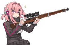 Rule 34 | 1girl, bolt action, girls&#039; frontline, gun, hair between eyes, hair intakes, hair ornament, hairclip, headphones, highres, holding, holding gun, holding weapon, ivan wang, k31, k31 (girls&#039; frontline), long sleeves, parted lips, pink hair, purple eyes, rifle, sidelocks, simple background, solo, tactical clothes, upper body, weapon, white background