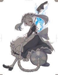 Rule 34 | 1girl, apron, bloody marie (skullgirls), bone, brooch, dress, energy, frilled apron, frilled dress, frills, grey hair, hair ornament, hayanye, jewelry, juliet sleeves, long sleeves, maid apron, maid headdress, mary janes, pantyhose, puffy sleeves, red eyes, shoes, sitting, skull hair ornament, skullgirls, solo, twintails, vacuum cleaner