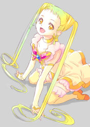 Rule 34 | 1girl, :d, blonde hair, brooch, butterfly brooch, choker, commentary request, cure lemonade, dress, earrings, eyelashes, gloves, grey background, happy, jewelry, jj (ssspulse), kasugano urara (yes! precure 5), long hair, looking at viewer, magical girl, open mouth, precure, simple background, smile, solo, thighhighs, thighs, twintails, very long hair, yellow choker, yellow dress, yellow eyes, yellow thighhighs, yes! precure 5