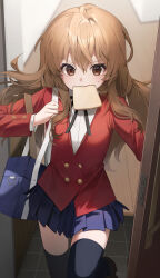 1girl absurdres aisaka_taiga bag black_ribbon black_thighhighs blazer blue_skirt bread bread_slice brown_eyes brown_hair brown_shoes commentary doorway emduck floating_hair food food_in_mouth foot_out_of_frame highres jacket loafers long_hair long_sleeves looking_at_viewer mouth_hold neck_ribbon oohashi_high_school_uniform open_door pleated_skirt red_jacket ribbon school_bag school_uniform shirt shoes skirt small_sweatdrop solo standing standing_on_one_leg thighhighs toast toast_in_mouth toradora! v-shaped_eyebrows very_long_hair white_shirt wooden_floor zettai_ryouiki