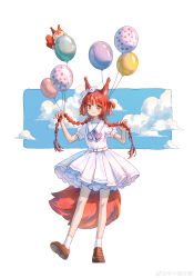 1girl absurdres animal_ears arknights balloon belt belt_buckle blush bow bowtie braid bright_pupils brown_eyes brown_footwear buckle chinese_commentary closed_mouth cloud commentary_request flametail_(arknights) full_body hair_bow hair_lift hands_in_own_hair hands_up highres light_smile long_hair looking_at_viewer petticoat puffy_short_sleeves puffy_sleeves purple_bow purple_bowtie red_hair red_tail sailor_collar sdrzkaige shirt shoe_soles shoes short_sleeves skirt socks solo standing tail twin_braids white_background white_belt white_bow white_pupils white_sailor_collar white_shirt white_skirt white_socks