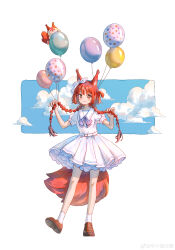 Rule 34 | 1girl, absurdres, animal ears, arknights, balloon, belt, belt buckle, blush, bow, bowtie, braid, bright pupils, brown eyes, brown footwear, buckle, chinese commentary, closed mouth, cloud, commentary request, flametail (arknights), full body, hair bow, hair lift, hands in own hair, hands up, highres, light smile, long hair, looking at viewer, petticoat, puffy short sleeves, puffy sleeves, purple bow, purple bowtie, red hair, red tail, sailor collar, sdrzkaige, shirt, shoe soles, shoes, short sleeves, skirt, socks, solo, standing, tail, twin braids, white background, white belt, white bow, white pupils, white sailor collar, white shirt, white skirt, white socks