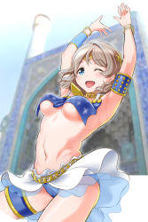 Rule 34 | 10s, 1girl, armpits, arms up, bare shoulders, belly dancer, blue eyes, blurry, blurry background, blush, bracelet, breasts, gonta (gshoutai), grey hair, highres, jewelry, kokoro magic a to z, looking at viewer, love live!, love live! sunshine!!, medium breasts, midriff, navel, no bra, one eye closed, open mouth, short hair, smile, solo, standing, stomach, thighs, underboob, watanabe you, wink