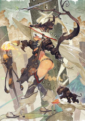 Rule 34 | 1girl, abstract, armor, ass, bag, bikini armor, bird, boots, branch, cloud, creature, fantasy, fire, from side, full body, hat, high heel boots, high heels, long hair, mole, mole under eye, original, panties, pillar, profile, shoulder bag, staff, stairs, standing, thighhighs, toridamono, underwear, very long hair, white hair, winged hat, witch, witch hat