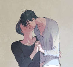 Rule 34 | 2boys, bad id, bad pixiv id, beige background, black hair, black shirt, buttons, closed eyes, closed mouth, collarbone, dress shirt, fingernails, grey hair, hand on another&#039;s hip, hand up, happy, head down, holding hands, husband and husband, ima (minitomato123), interlocked fingers, jewelry, katsuki yuuri, kiss, kissing cheek, light blush, light smile, long sleeves, male focus, multiple boys, partially unbuttoned, profile, ring, shirt, sidelighting, simple background, upper body, viktor nikiforov, wedding ring, white shirt, yaoi, yuri!!! on ice