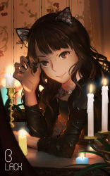 Rule 34 | 1girl, absurdres, animal ears, black nails, brown eyes, brown hair, candle, candlestand, cat ears, closed mouth, dress, english text, fake nails, fingernails, head tilt, highres, long fingernails, long hair, long sleeves, looking at viewer, lu&quot;, mimori suzuko, nail polish, plant, real life, smile, solo, wallpaper (object), wavy hair