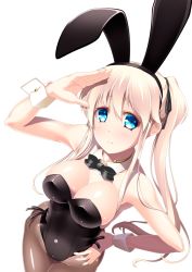 Rule 34 | 1girl, animal ears, black bow, black bowtie, black leotard, blue eyes, bow, bowtie, breasts, brown pantyhose, commentary request, cowboy shot, detached collar, fake animal ears, from above, hand on own hip, highres, large breasts, leotard, long hair, looking at viewer, mabinogi, nao (mabinogi), pantyhose, playboy bunny, rabbit ears, rabbit girl, salute, simple background, solo, standing, strapless, strapless leotard, twintails, umitsubame, white background, wrist cuffs