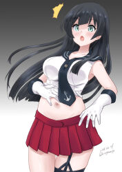 Rule 34 | 1girl, agano (kancolle), anchor symbol, asymmetrical legwear, black background, black hair, black sailor collar, blush, breasts, cleavage, dated, gloves, gradient background, green eyes, kantai collection, kitagawa mikio, large breasts, long hair, navel, necktie, open mouth, pleated skirt, red skirt, sailor collar, school uniform, serafuku, single thighhigh, skirt, solo, surprised, thighhighs, twitter username, uneven legwear, white gloves