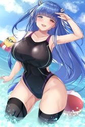 Rule 34 | 1girl, arm up, azur lane, ball, beachball, black thighhighs, blue eyes, blue hair, blush, breasts, competition swimsuit, heterochromia, highres, horns, ibuki (azur lane), large breasts, long hair, looking at viewer, manjuu (azur lane), ocean, one-piece swimsuit, open mouth, red eyes, rikiddo (tise 00), sky, smile, solo, swimsuit, thighhighs, twitter username, wading
