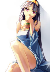 Rule 34 | 1girl, black hair, blunt bangs, covering own mouth, hairband, hand to own mouth, head tilt, isis (p&amp;d), jewelry, kibamigohann, legs, long hair, looking away, lots of jewelry, puzzle &amp; dragons, red eyes, robe, sitting, solo