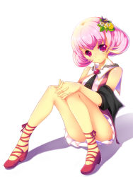 Rule 34 | 1girl, ankle lace-up, bad id, bad pixiv id, bare shoulders, cross-laced footwear, female focus, flower, full body, hair flower, hair ornament, own hands clasped, koflif, original, own hands together, panties, pantyshot, pink eyes, pink hair, shadow, short hair, sitting, skirt, solo, underwear, white background