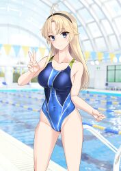 Rule 34 | 1girl, absurdres, ahoge, black hairband, blonde hair, blue eyes, blue one-piece swimsuit, breasts, collarbone, commentary request, competition swimsuit, covered navel, feet out of frame, hairband, highleg, highleg swimsuit, highres, indoors, kohagura ellen, lane line, long hair, medium breasts, multicolored clothes, multicolored swimsuit, one-piece swimsuit, pool, pool ladder, solo, standing, string of flags, swimsuit, takafumi, toji no miko, v, variant set