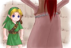 Rule 34 | 1boy, 1girl, age difference, blonde hair, blue eyes, child, dark-skinned female, dark skin, gloves, green apparel, green headwear, hat, link, long hair, nabooru, nintendo, no pants, onee-shota, pointy ears, red hair, skirt, sword, the legend of zelda, the legend of zelda: ocarina of time, tunic, weapon, you gonna get raped, young link