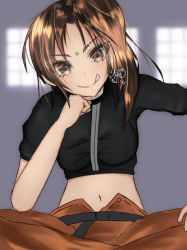 Rule 34 | 1girl, animification, apex legends, bad id, bad pixiv id, belt, black belt, breasts, brown eyes, brown hair, brown pants, brown shirt, clenched hand, eyebrow cut, hand on own knee, head tilt, licking lips, medium breasts, midriff, navel, pants, rampart (apex legends), shirt, smile, solo, tongue, tongue out, yuito nineteen