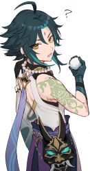 Rule 34 | 1boy, ?, ahoge, arm tattoo, bad id, bad twitter id, bead necklace, beads, facial mark, forehead mark, genshin impact, gloves, green hair, head tilt, highres, holding, jewelry, male focus, mask, miz (mi), multicolored hair, necklace, open mouth, simple background, sleeveless, solo, tattoo, white background, xiao (genshin impact), yellow eyes