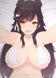 Rule 34 | 1girl, :d, areola slip, arms up, atago (azur lane), atago (summer march) (azur lane), azur lane, bed sheet, bikini, black hair, blush, breasts, breath, choker, cleavage, dated, flower, hair flower, hair ornament, hair over shoulder, hair ribbon, heart, heart-shaped pupils, inverted nipples, kuavera, large breasts, long hair, looking at viewer, lying, mole, mole under eye, navel, on back, on bed, open mouth, reaching, reaching towards viewer, ribbon, see-through, smile, solo, sweat, swimsuit, symbol-shaped pupils, twitter username, upper body, white bikini, yellow eyes