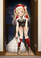Rule 34 | 1girl, bell, black leotard, blonde hair, breasts, cape, capelet, christmas, earrings, ereshkigal (fate), fate/grand order, fate (series), fur-trimmed cape, fur trim, hat, jewelry, kneehighs, leaning forward, leotard, long hair, medium breasts, night, open door, parted bangs, pyz (cath x tech), red capelet, red eyes, red socks, sack, santa hat, snowing, socks, solo, tears, two side up
