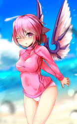 Rule 34 | 1girl, absurdres, animal ears, beach, bird ears, bird wings, covered navel, day, highres, long sleeves, mystia lorelei, nama shirasu, no headwear, one-piece swimsuit, one eye closed, pink eyes, pink hair, solo, swimsuit, swimsuit under clothes, touhou, white one-piece swimsuit, wings