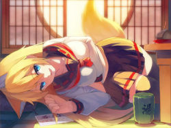 Rule 34 | 1girl, :d, animal ears, architecture, ascot, bad id, bad pixiv id, black thighhighs, blonde hair, blue eyes, collarbone, cup, east asian architecture, fox ears, fox tail, green tea, indoors, long hair, looking at viewer, lying, on side, open mouth, original, pleated skirt, round window, school uniform, serafuku, sidelocks, skirt, smile, solo, striped, tail, tea, teacup, thighhighs, window, yasumo (kuusouorbital), yunomi, zettai ryouiki
