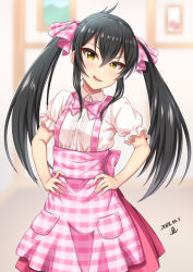 Rule 34 | 1girl, apron, black hair, blurry, blush, bow, bowtie, collared shirt, dated, depth of field, dress shirt, hair between eyes, hair ornament, hair ribbon, half-closed eye, hands on own hips, head tilt, high-waist skirt, highres, idolmaster, idolmaster cinderella girls, idolmaster cinderella girls starlight stage, long hair, looking at viewer, matoba risa, photo (object), pink apron, pink bow, pink bowtie, pink skirt, plaid, plaid apron, plaid bow, plaid ribbon, pocket, puffy short sleeves, puffy sleeves, ribbon, shirt, short sleeves, sidelocks, signature, skirt, smirk, solo, standing, suspender skirt, suspenders, tsurime, twintails, white shirt, wing collar, yellow eyes, yoohi