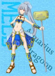 Rule 34 | 1girl, blue background, game console, hammer, meru (dragoon), navel, ponytail, ribbon, silver hair, smile, the legend of dragoon, weapon, wingly, wristband