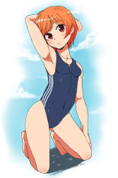 Rule 34 | 1girl, :o, arm behind head, arm up, armpits, blush, breasts, brown eyes, covered erect nipples, gagajya, kneeling, one-piece swimsuit, orange hair, original, school swimsuit, short hair, small breasts, solo, swimsuit, wet