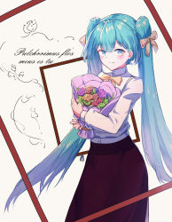 Rule 34 | 1girl, absurdres, alternate costume, black skirt, blue eyes, blue hair, bouquet, bow, bowtie, brown bow, brown bowtie, flower, hair bow, hatsune miku, highres, holding, holding bouquet, latin text, light blush, long hair, long skirt, looking at viewer, parted lips, rzx0, skirt, solo, twintails, very long hair, vocaloid