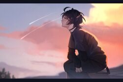 Rule 34 | 1boy, alternate costume, black choker, black hair, blurry, blurry background, blush, choker, closed mouth, cloud, commentary, english commentary, evening, from side, genshin impact, hair between eyes, highres, layered sleeves, letterboxed, long sleeves, male focus, nekojinnyart, outdoors, pants, profile, purple eyes, scaramouche (genshin impact), shooting star, signature, sitting, sky, solo