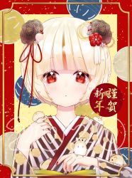 Rule 34 | 1girl, 2020, animal, animal on hand, bad id, bad pixiv id, black flower, blonde hair, blush, commentary request, flower, hair flower, hair ornament, hair ribbon, hamster, hands up, highres, japanese clothes, kimono, kuma no yume, long sleeves, looking at viewer, nail polish, original, parted lips, red eyes, red nails, red ribbon, ribbon, short hair, solo, striped clothes, striped kimono, upper body, vertical-striped clothes, vertical-striped kimono, wide sleeves