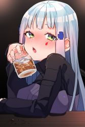 Rule 34 | 1girl, alcohol, blush, commentary request, cup, facial mark, girls&#039; frontline, girusyu1945, green eyes, highres, hk416 (girls&#039; frontline), holding, holding cup, ice, jacket, long hair, long sleeves, looking at viewer, open mouth, silver hair, solo, upper body, whiskey