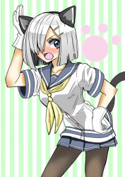 Rule 34 | 10s, 1girl, animal ears, black pantyhose, blue eyes, blush, breasts, cat paw, fake animal ears, fake tail, female focus, gloves, hair ornament, hair over one eye, hairband, hairclip, hamakaze (kancolle), kantai collection, kawabatake, kemonomimi mode, large breasts, looking to the side, open mouth, pantyhose, pleated skirt, school uniform, serafuku, short hair, silver hair, skirt, solo, striped, striped background, tail, white gloves