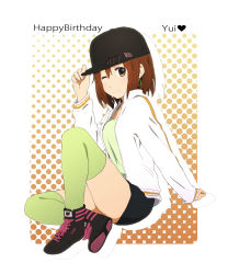 Rule 34 | 1girl, ;), baseball cap, blush, brown eyes, brown hair, casual, earrings, green thighhighs, hand on headwear, happy birthday, hat, highres, hirasawa yui, jacket, jewelry, k-on!, light smile, looking at viewer, one eye closed, polka dot, polka dot background, shoes, short hair, shorts, sitting, smile, sneakers, solo, thighhighs, track jacket, wink, zasshu tamashii