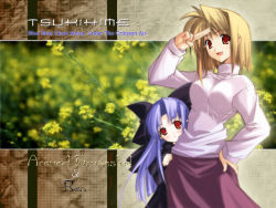 Rule 34 | 00s, 2girls, arcueid brunestud, blonde hair, blue hair, blush, bow, character name, clothes grab, fang, field, flower, flower field, hair bow, hand on own hip, height difference, hiding, len (tsukihime), long hair, long skirt, looking at viewer, multiple girls, peeking out, photo background, pointy ears, purple skirt, red eyes, salute, shingo (missing link), short hair, skirt, sweater, tsukihime, turtleneck, v, very long hair, wallpaper